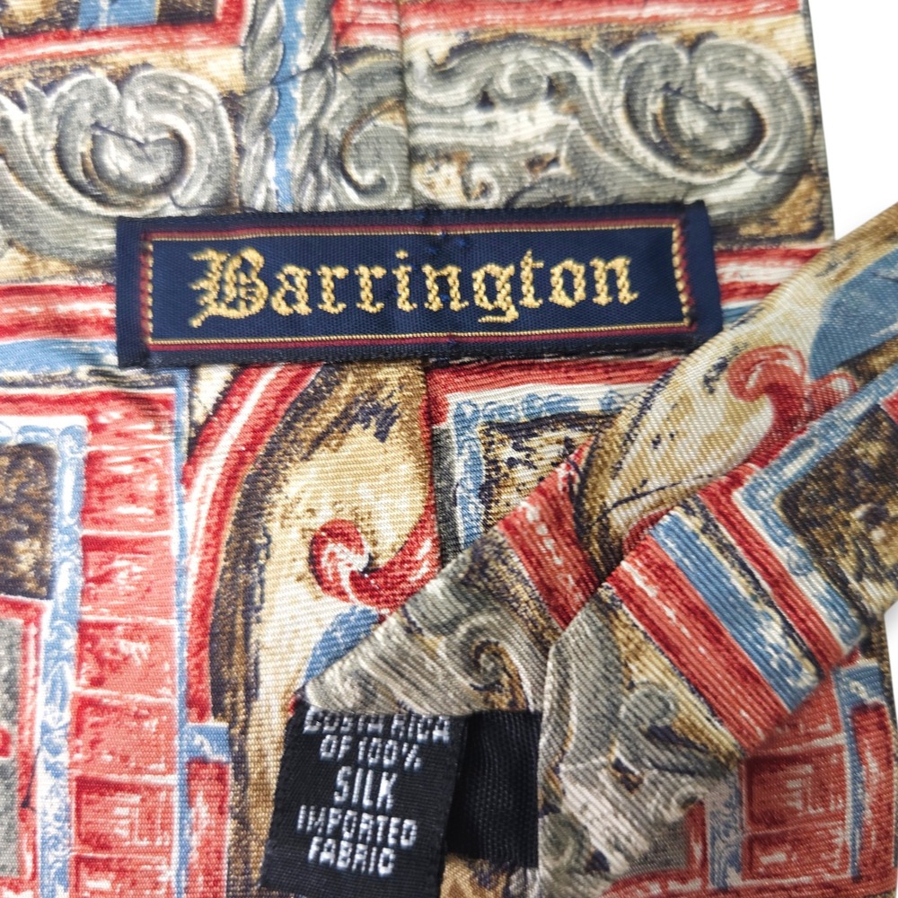 Barrington Silk Necktie Ornate Baroque Architectural Print Red Gold Vintage OS - Picture 4 of 6